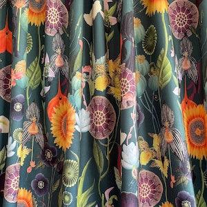 Poppy Sunflower Printed Velvet Fabric Sold by Meter Botanical Plants Green Petrol Teal Yellow Orange for Curtains Home light upholstery