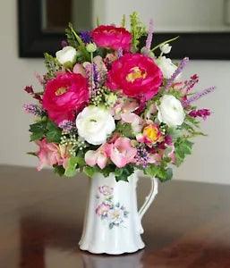 Vintage House of Webster Floral Pitcher With Silk Pink Ranunculus Arrangement