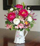 Vintage House of Webster Floral Pitcher With Silk Pink Ranunculus Arrangement