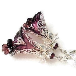 Hand Painted Burgundy Flower Earrings, Silver Filigree Long Botanical Earrings, Romantic Nature Jewelry, Lightweight Orchid Earrings For Her
