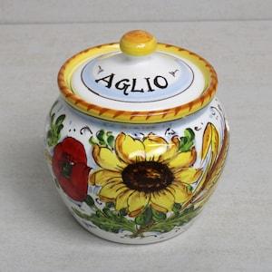Italian Ceramic Garlic Jar "Sunflower, poppies and wheat" pattern. Tuscan collection Made in Italy garlic holder