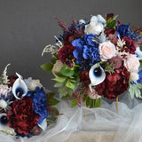 Burgundy Blue Wedding Bouquet, Real Touch Roses, Peony, Calla Lily, Faux Flowers Burgundy Royal Navy Blue Blush Bridal Bouquets