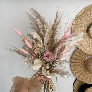 Pampas grass preserved blush pink rose boho bouquet / dried white ruscus bouquet / blush pink bridal bouquet