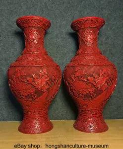 15.2 " Collect Old China Red Lacquerware Dynasty Peony Flower Bottle Vase Pair