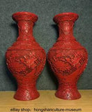 15.2 " Collect Old China Red Lacquerware Dynasty Peony Flower Bottle Vase Pair