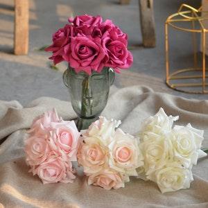 5 stems Real Touch Rose Bouquet, Artificial Roses Arrangement, DIY Roses Wedding Centerpieces, in Ivory, Hot Pink, Morandi Colors