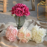 5 stems Real Touch Rose Bouquet, Artificial Roses Arrangement, DIY Roses Wedding Centerpieces, in Ivory, Hot Pink, Morandi Colors