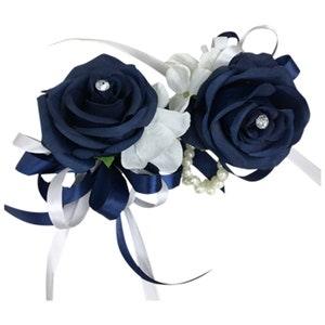 Pin or Wrist Corsage-Navy Blue and White hand crafted rose with rhinestone and hydrangea accents