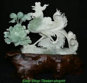 16.5'' Natural Xiu Jade Carved Feng Shui Peony Flower chicken Animal Statue
