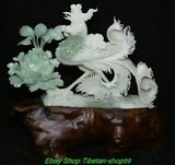 16.5'' Natural Xiu Jade Carved Feng Shui Peony Flower chicken Animal Statue