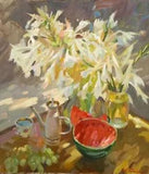 Oil painting Watermelon and lilies Still life Ukrainian painter Canvas Framed