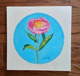 Pink Peony, Flower, Garden, Original Acrylic Painting on Wood, Signed, Art Deco