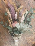 Dried Floral bouquet: Silver Dollar Eucalyptus, Ginger, Sun Palm, Pink Pampas