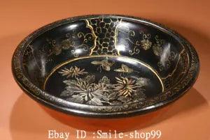 9.4" Old China lacquerware Gild Dynasty Palace Peony Flower Butterfly Plate Dish
