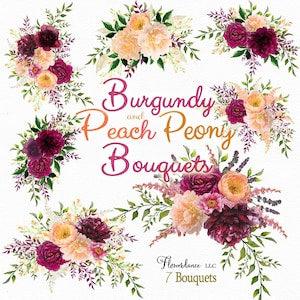 Burgundy and Peach Watercolor Peony Bouquet Arrangement Clipart