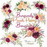 Burgundy and Peach Watercolor Peony Bouquet Arrangement Clipart