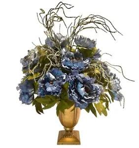 New Beautiful Slate Blue Peony Floral Arrangement Bronze/Gold Brass Va
