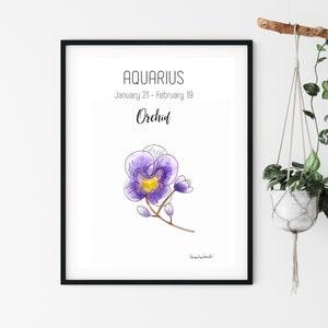 Zodiac Sign print, Aquarius and Orchid Watercolor Painting, Astrological sign Wall Art, Home Decor, Zodiac sign gift