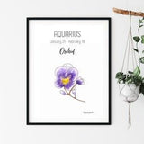Zodiac Sign print, Aquarius and Orchid Watercolor Painting, Astrological sign Wall Art, Home Decor, Zodiac sign gift