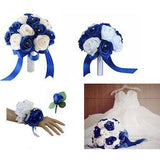 Build your wedding package Royal Blue & White Artificial Open Roses with Rhinestone Decor
