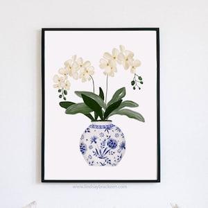 Orchid White Orchids Flower Art Print Navy Blue White Vase Plants Floral Flowers Painting GingerJar Delft Pottery Wall Decor Farmhouse