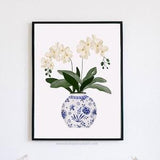 Orchid White Orchids Flower Art Print Navy Blue White Vase Plants Floral Flowers Painting GingerJar Delft Pottery Wall Decor Farmhouse