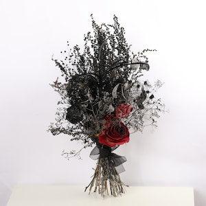 Black burgundy wildflower bouquet, gothic wedding bouquet with hydrangea, lunaria stems, burgundy roses and black feathers, burgundy bouquet