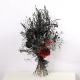 Black burgundy wildflower bouquet, gothic wedding bouquet with hydrangea, lunaria stems, burgundy roses and black feathers, burgundy bouquet
