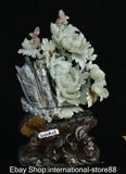 19.6" Chinese Natural 100% Xiu Jade Carving Peony Flower Butterfly Sculpture
