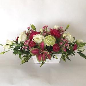 Pink, white and green garden flowers arrangement, dinning table centrepiece