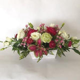 Pink, white and green garden flowers arrangement, dinning table centrepiece
