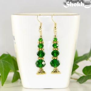 Unusual Christmas tree earrings, Dark Green earrings, Glass crystal earrings, Long dangle statement earrings, Plant lovers gift for Gardener