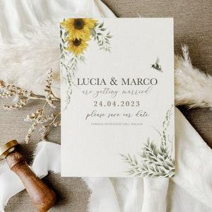 Rustic Sunflower Save The Date, Foliage Sunflower Wedding Save The Dates, Rustic Postcard Save the Date Cards