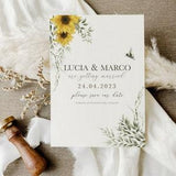 Rustic Sunflower Save The Date, Foliage Sunflower Wedding Save The Dates, Rustic Postcard Save the Date Cards