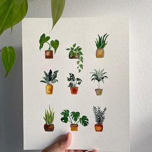Handmade watercolor painting of 9 small potted plants 8x10 inches