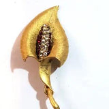 Vintage 1950s Gold Tone Brushed Calla Lily Red Clear Rhinestone Brooch Pin