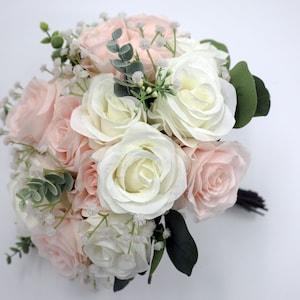 Wedding Bouquet Blush Ivory, Boho bridal Bridesmaids Bouquets, Faux Wedding Flowers Roses babies breath Eucalyptus, Wedding Flowers