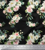 Soimoi Black Cotton Duck Fabric Leaves & Ranunculus Floral Print-loh