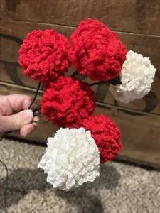 Lot of 6 Handmade Crochet Yarn Carnation Flowers Red & White