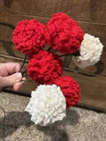 Lot of 6 Handmade Crochet Yarn Carnation Flowers Red & White
