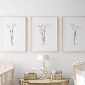 Watercolor Cala Lilies, Neutral Minimalist Wall Decor, Set of 3 Prints, Floral Contemporary Art, Spring Flowers, Lily Drawing, Baby Girl Art