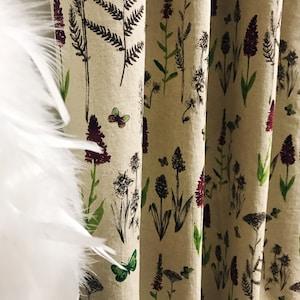 Burgundy Floral Green Plants Pattern Washed Linen Cotton Curtain Raw Natural Linen Background Drapery 53 Width Various Lengths Custom Drapes