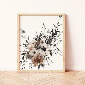 Boho Wall Decor | Watercolor Organic Floral Neutral Brown Black Grey Rust | Peony Wedding Bouquet Physical Print | Bohemian Living Room