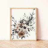 Boho Wall Decor | Watercolor Organic Floral Neutral Brown Black Grey Rust | Peony Wedding Bouquet Physical Print | Bohemian Living Room