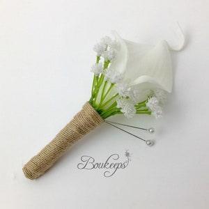Choose Calla Lily & Ribbon Color - White Ivory Calla Lily Boutonniere, Calla Lily and Baby's Breath Boutonniere, Real Touch, Wedding