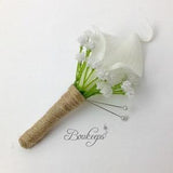 Choose Calla Lily & Ribbon Color - White Ivory Calla Lily Boutonniere, Calla Lily and Baby's Breath Boutonniere, Real Touch, Wedding