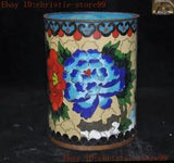 China bronze Cloisonne flower peony bird Calligraphy tools brush pot pencil vase