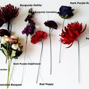 Artificial Flowers, Silk Bouquet, Poppy, Rose, Ranunculus Heads, Wire Stems, Burgundy, Red, Purple Arrangement, DIY Realistic, Everlasting