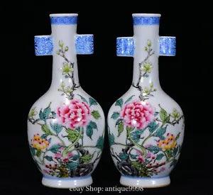 7'' Old Qing Yongzheng Famille Rose Porcelain Peony Flower Ear Bottle Vase Pair
