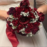 Dark Red Rose Faux Bouquet - Artificial Silk Flowers For Wedding Anniversary Birthday | Claire De Fleurs